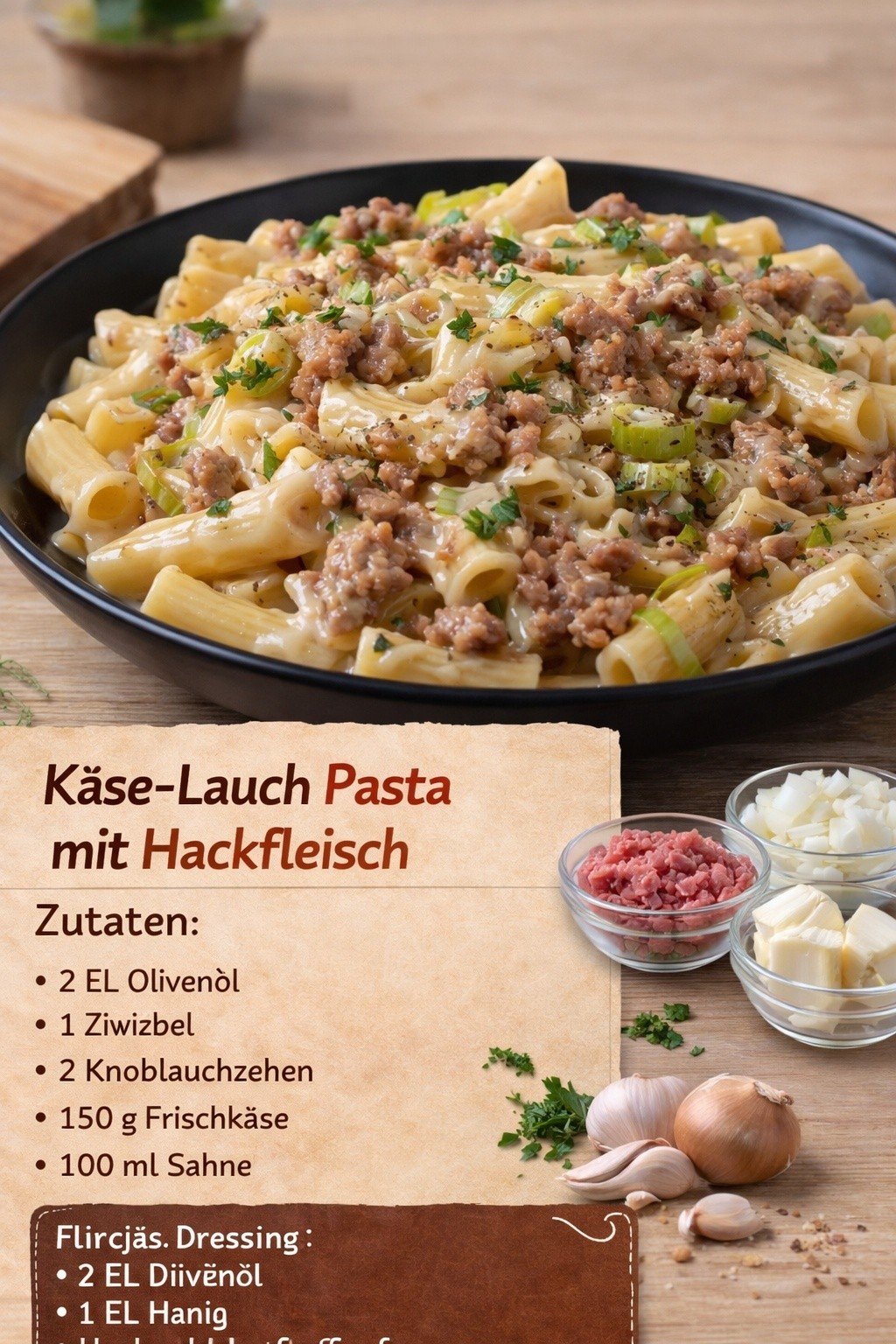 Käse-Lauch-Pasta mit Hackfleisch – cremig & herzhaft 🍝✨